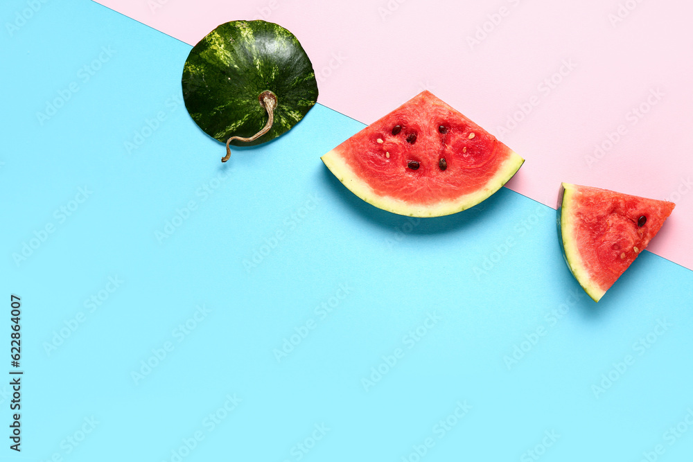 Pieces of fresh watermelon on colorful background