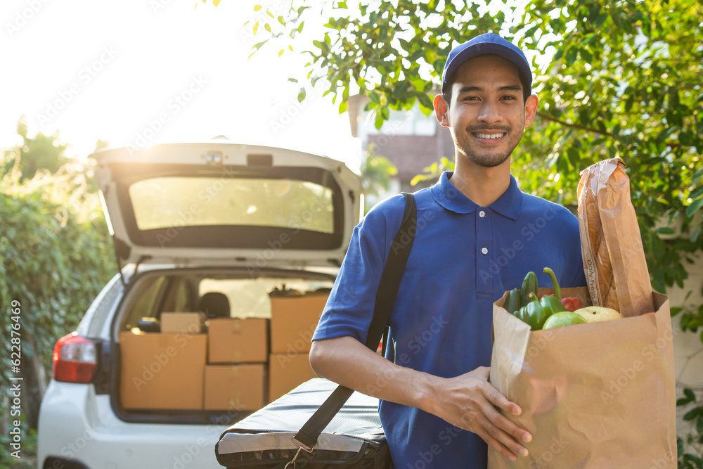 Portrait of delivery in blue uniform handling a box of parcel from car. 