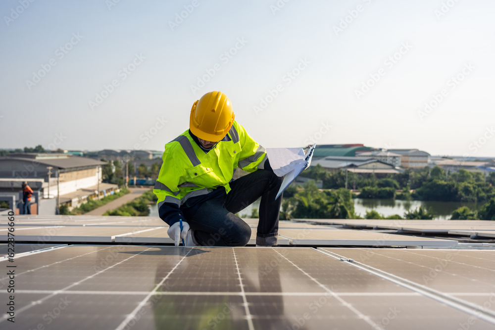 Professional engineer work to maintenance of photovoltaic panel system. 