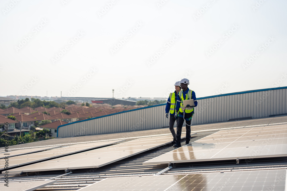 Professional engineer work to maintenance of photovoltaic panel system. 