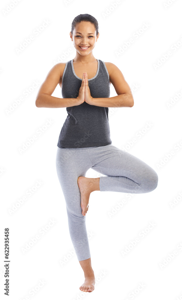 Happy woman, portrait and yoga in namaste pose for zen workout isolated on a transparent PNG backgro