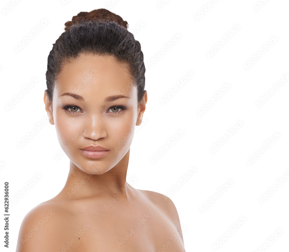 Skincare, beauty and serious portrait of woman on isolated, png and transparent background. Dermatol