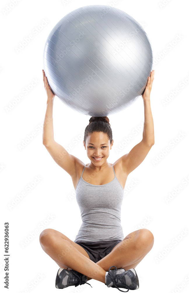 Exercise ball, gym portrait or happy woman doing fitness workout for body health, core strength and 