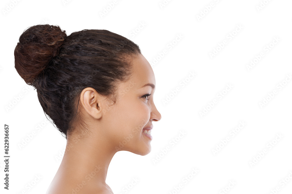 Face, woman and smile in side, profile and isolated on a transparent png background. Head of happy y