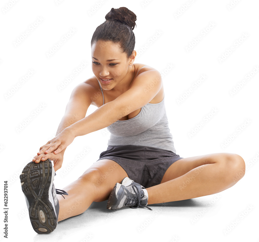 Woman, stretching legs and fitness for training, performance and isolated on a transparent png backg