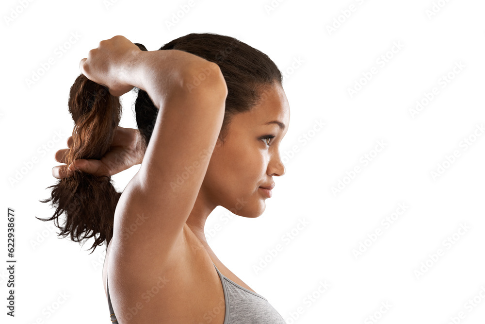 Sports, start and woman tie hair on isolated, png and transparent background for wellness. Fitness, 