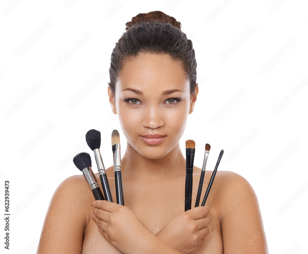 Woman, makeup and portrait of brush set for face, cosmetics or aesthetic tools isolated on transpare