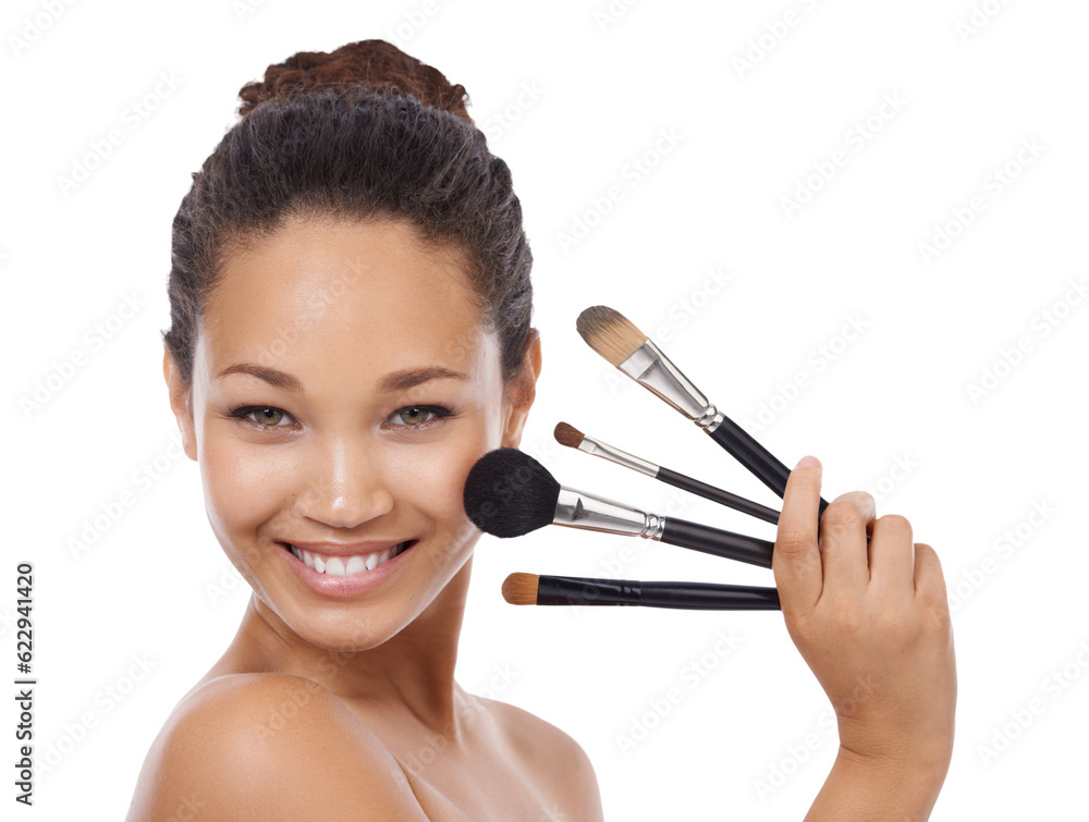 Portrait, woman and set of makeup brushes for face, cosmetics or aesthetic tools isolated on transpa