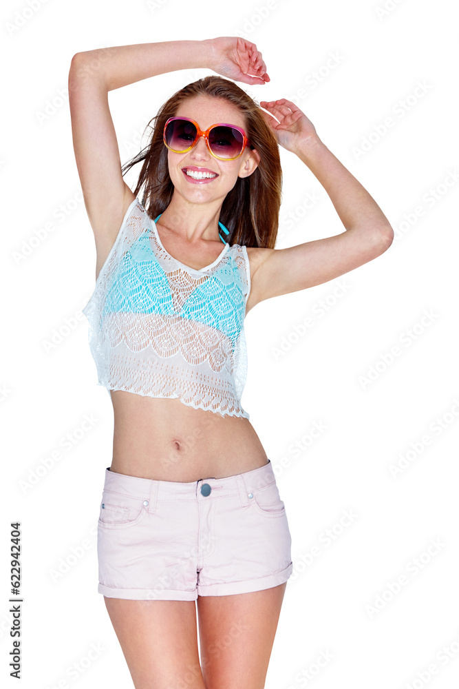 Fashion, summer and portrait of woman with sunglasses on isolated, png and transparent background. H