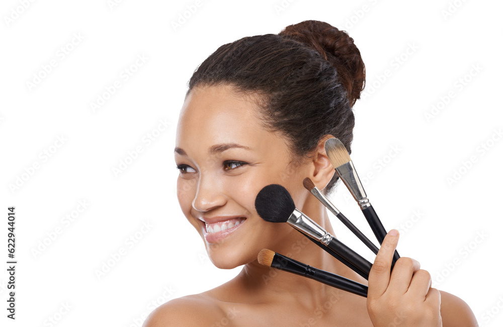 Smile, woman and makeup brush set for face, cosmetics or aesthetic tools isolated on transparent png