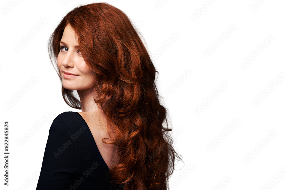 Ginger, advertising or woman with red curly hair, texture promotion or highlights extensions. Spa sa