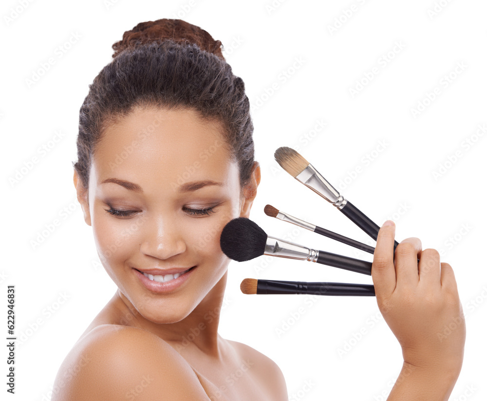 Beauty, makeup and brushes with face of woman on png for cosmetics, self care and glow. Product, sal