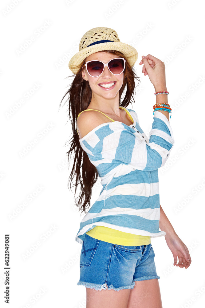 Summer fashion, sunglasses and portrait of happy woman on isolated, png and transparent background. 