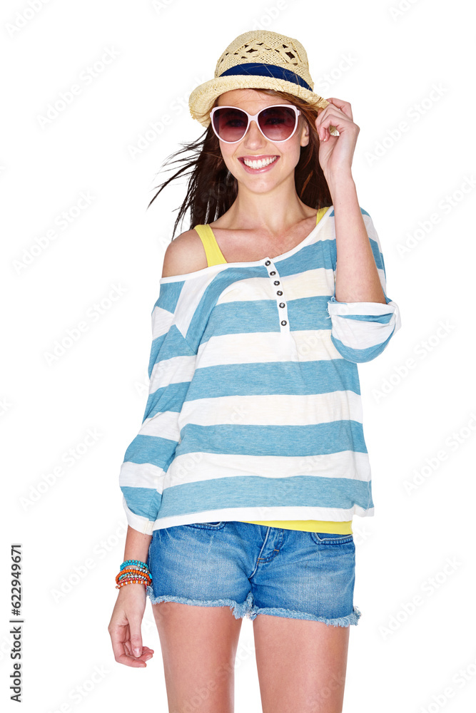 Fashion, sunglasses and portrait of woman with smile on isolated, png and transparent background. Ha