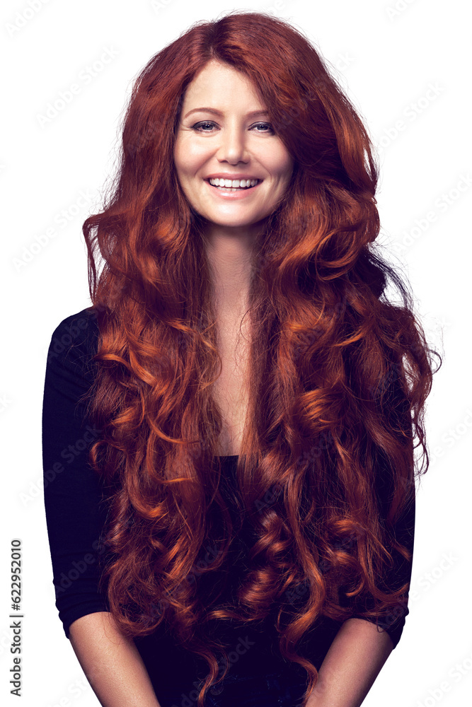 Wavy, portrait and happy woman with red hair, curly texture and healthy locks, strong glow and aubur