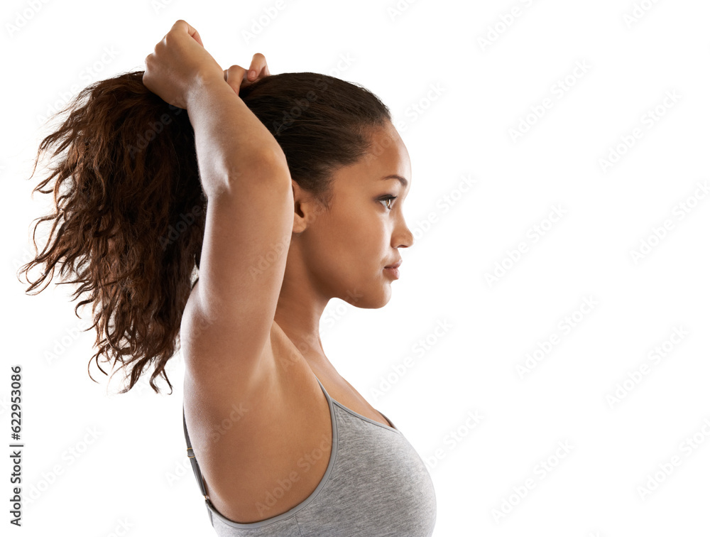 Fitness, tie hair and face of woman on isolated, png and transparent background for wellness. Sports