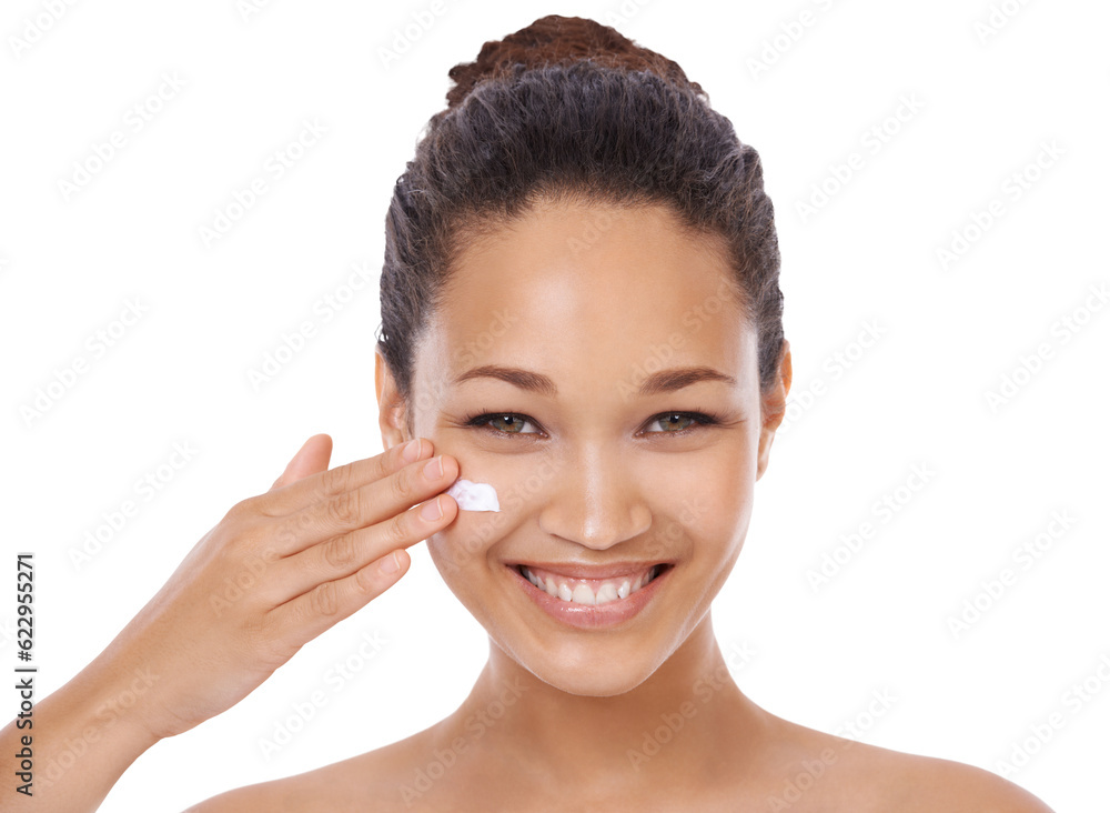 Cream, beauty and portrait of woman for skincare on isolated, png and transparent background. Dermat