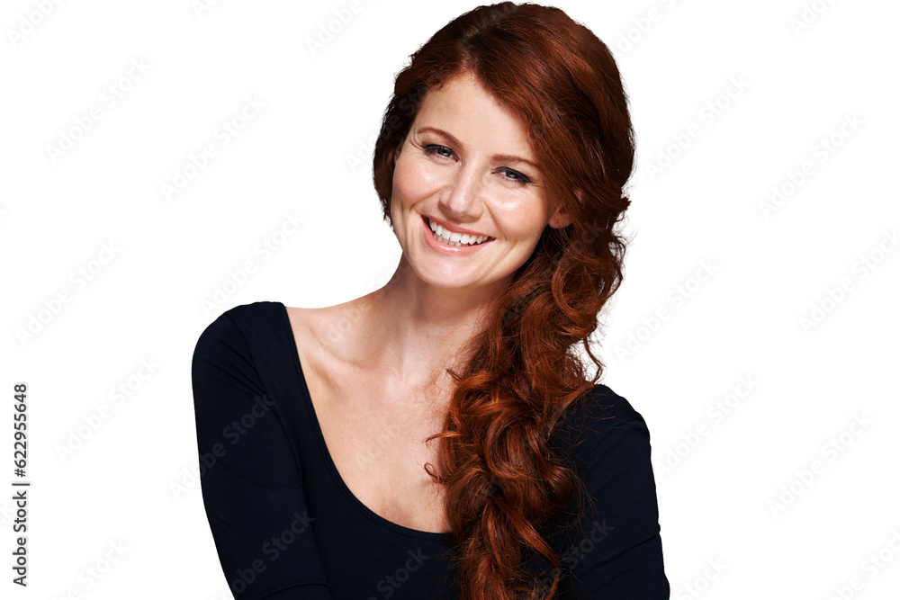 Beauty, ginger hairstyle and portrait of woman with smile on isolated, png and transparent backgroun