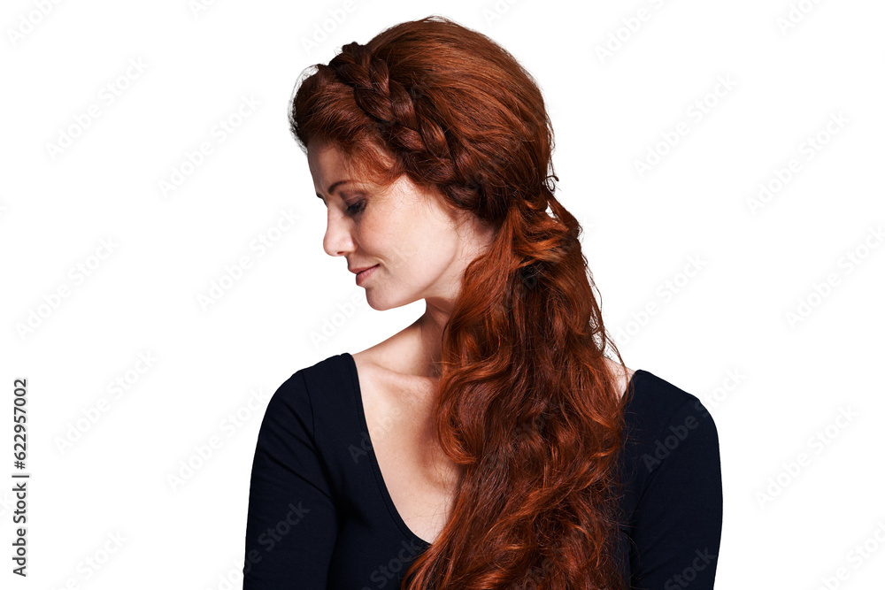 Beauty, ginger and braid with woman and hair style on png for red head, cosmetics and salon treatmen