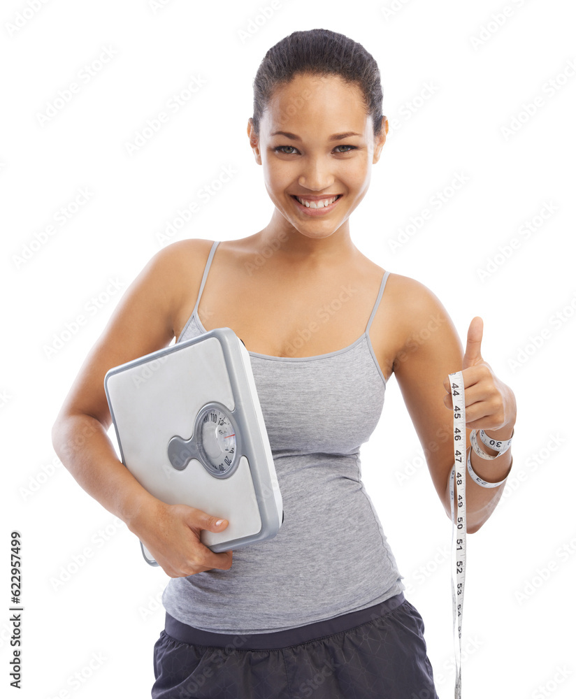 Fitness, scale and thumbs up with portrait of woman on png for weight loss, workout and health. Diet