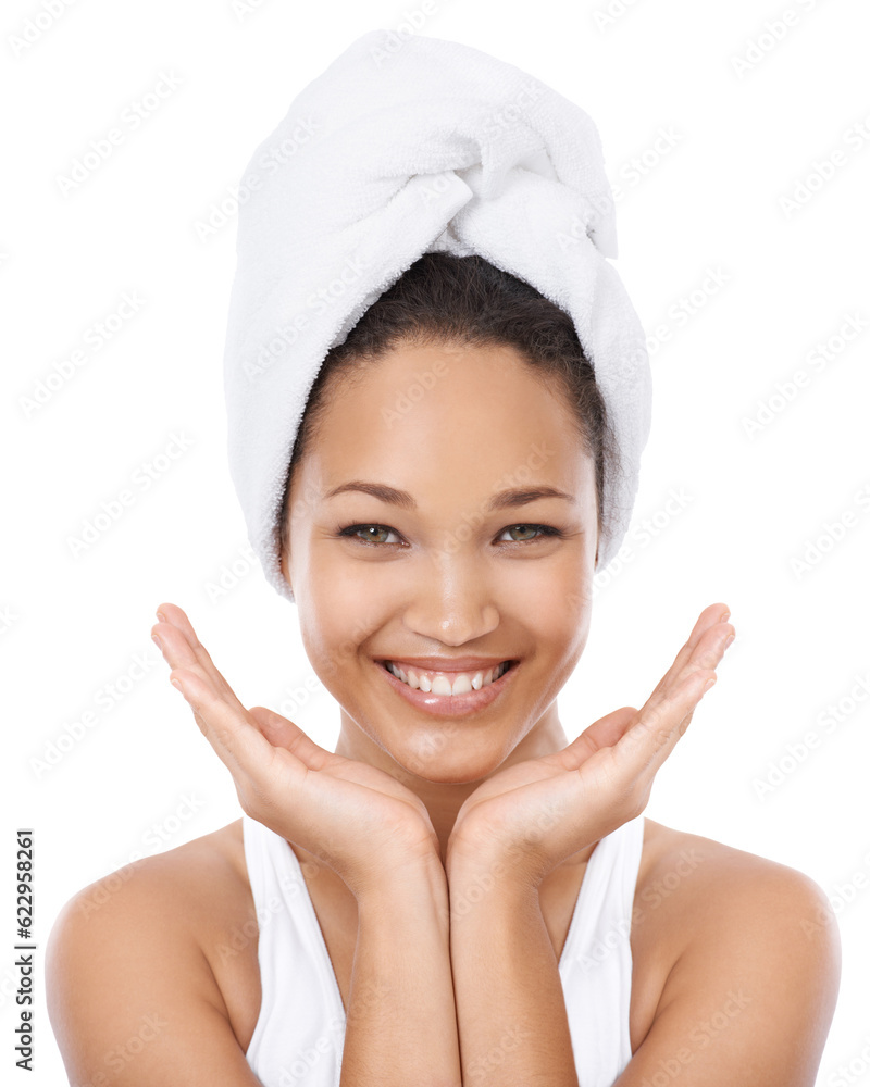 Portrait, smile or happy woman cleaning, hygiene routine or bathroom wellness for facial skincare, s