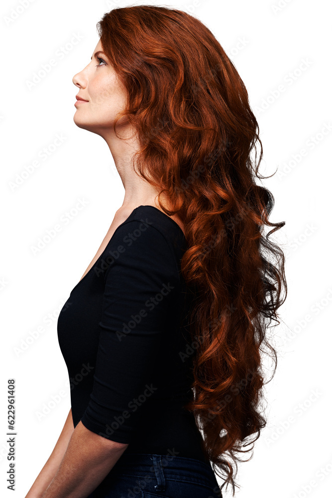 Profile, ginger and woman with red curly hair, healthy long growth and soft hairstyle, highlights or