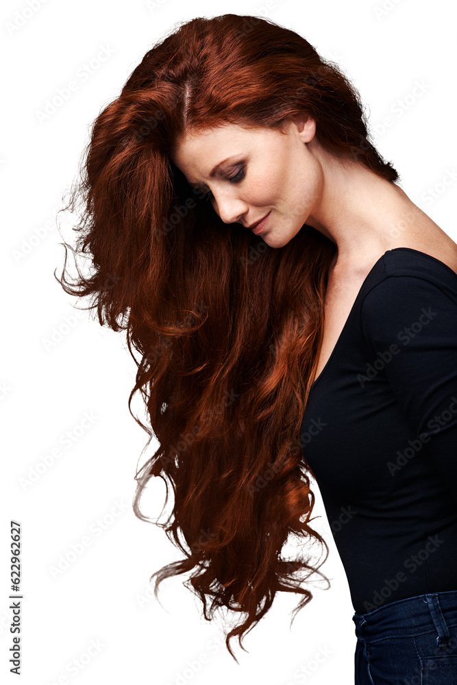 Ginger, wavy and woman with red long hair, healthy growth and soft glow, highlights or strong extens