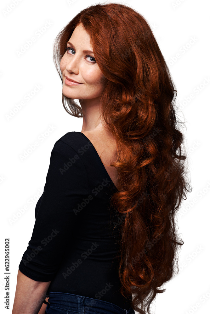 Portrait, ginger or happy woman with red curly hair, cosmetics shine or soft hairstyle, highlights o