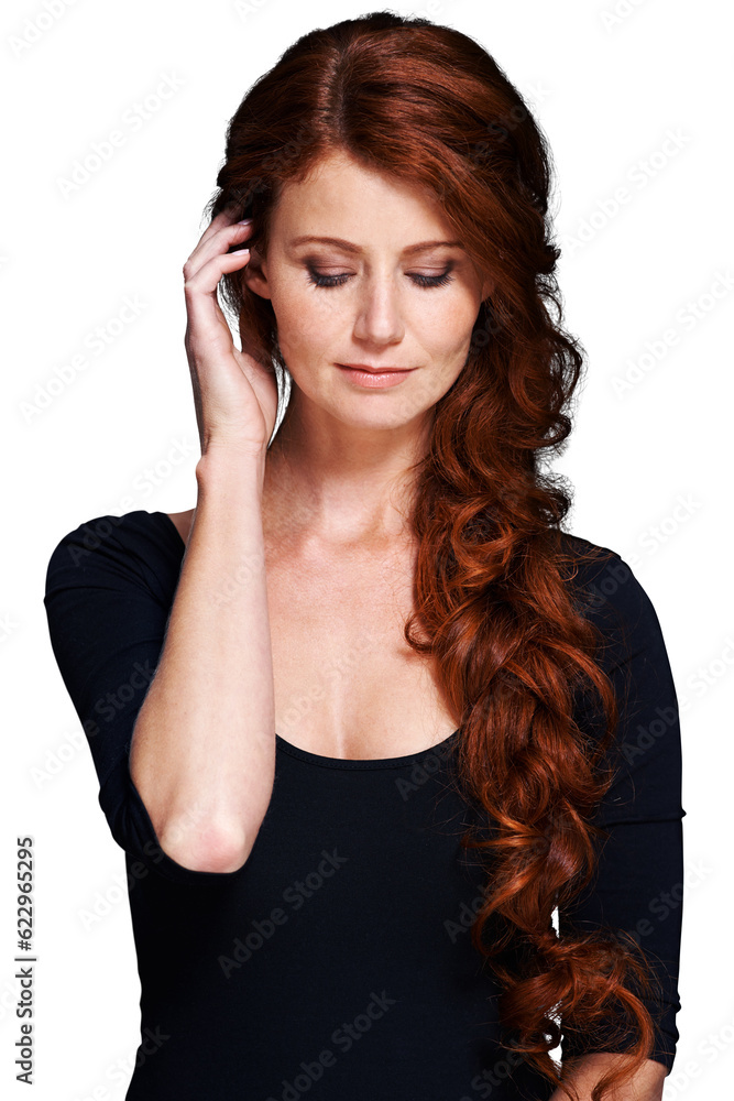 Ginger woman, long or red wavy hair with healthy grooming, clean salon hygiene or highlight extensio