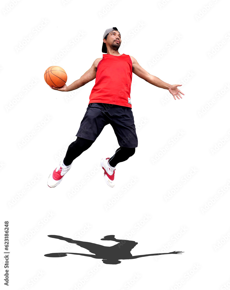 Basketball fun concept. We love basketball. Asian basketball player jumping