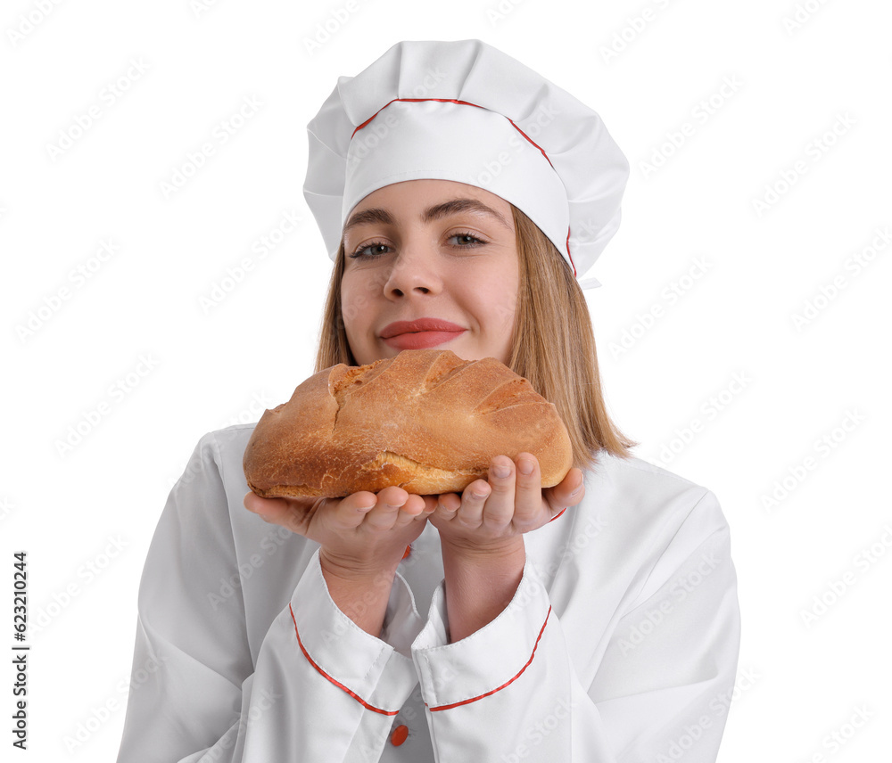 Female baker with fresh bread on white background, closeup