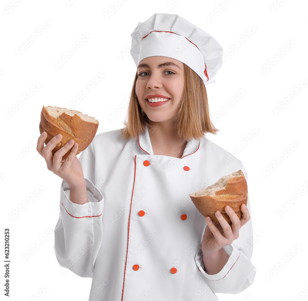 Female baker with fresh bread on white background