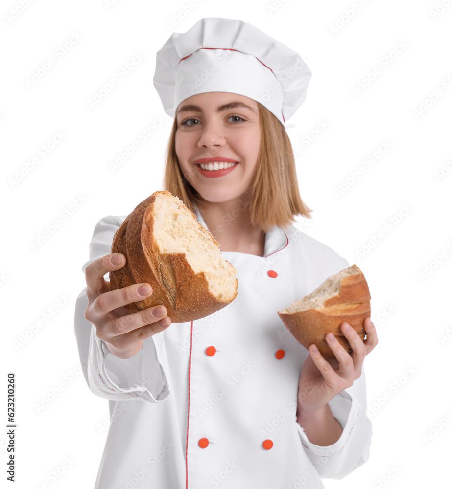 Female baker with fresh bread on white background