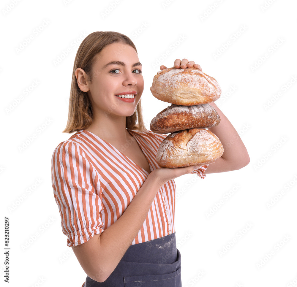 Female baker with fresh bread on white background