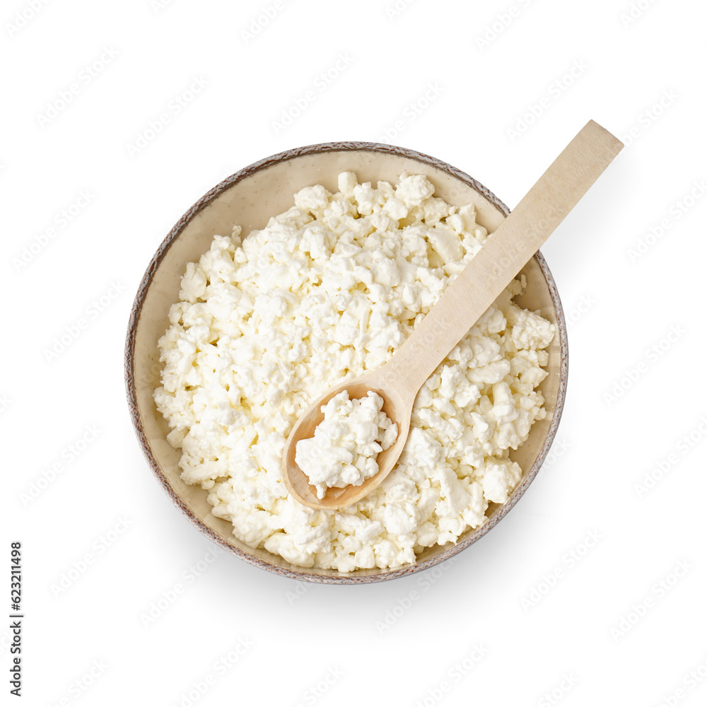 Bowl with tasty cottage cheese on white background