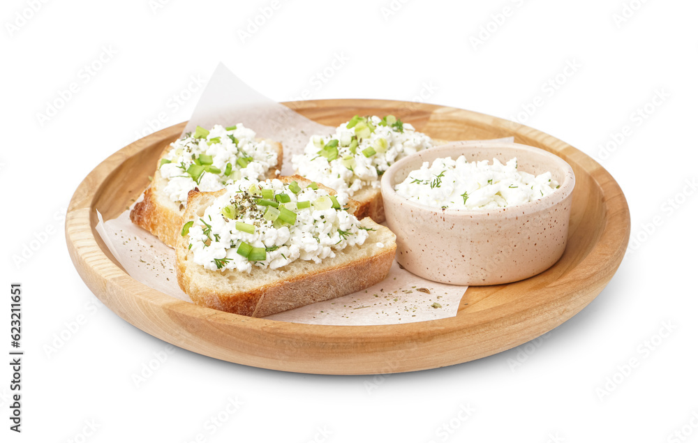 Sandwiches with tasty cottage cheese and green onion on white background