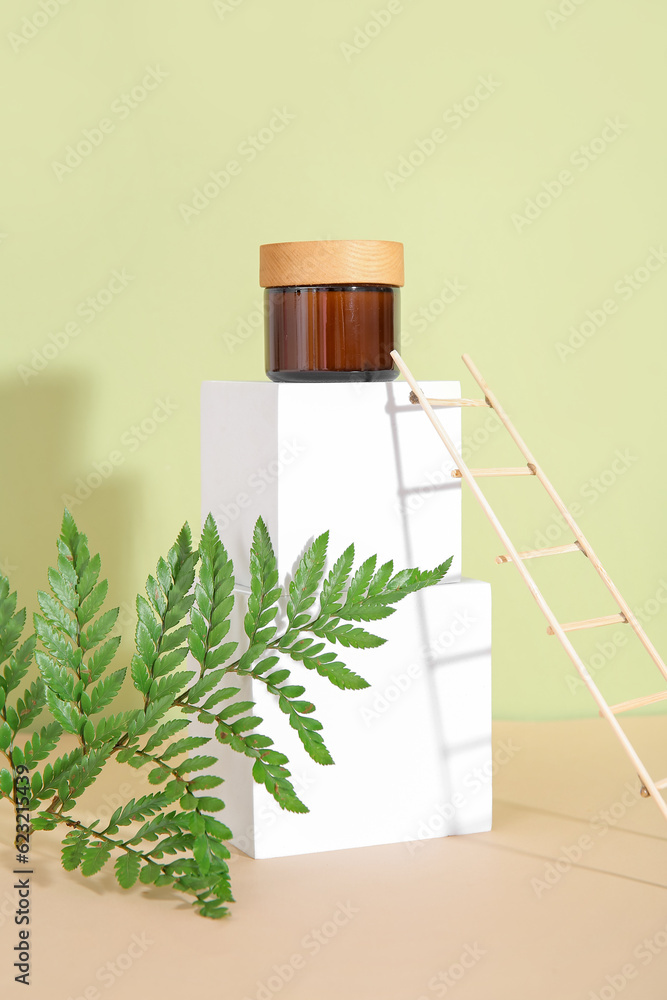 Composition with plaster podiums, jar of cosmetic product, fern leaf and decorative ladder on color 