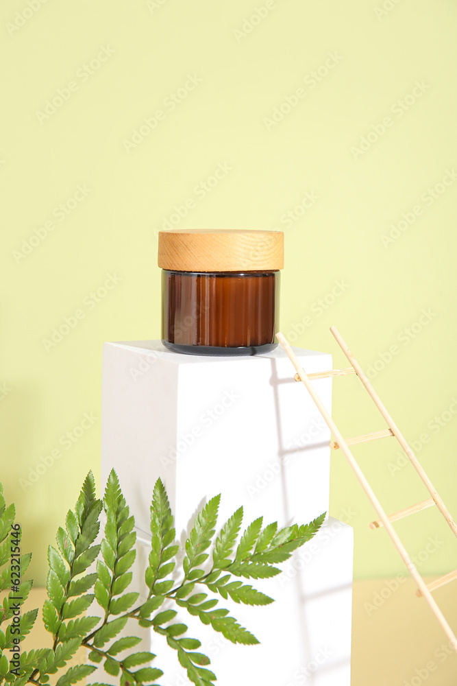 Composition with plaster podiums, jar of cosmetic product, fern leaf and decorative ladder on color 