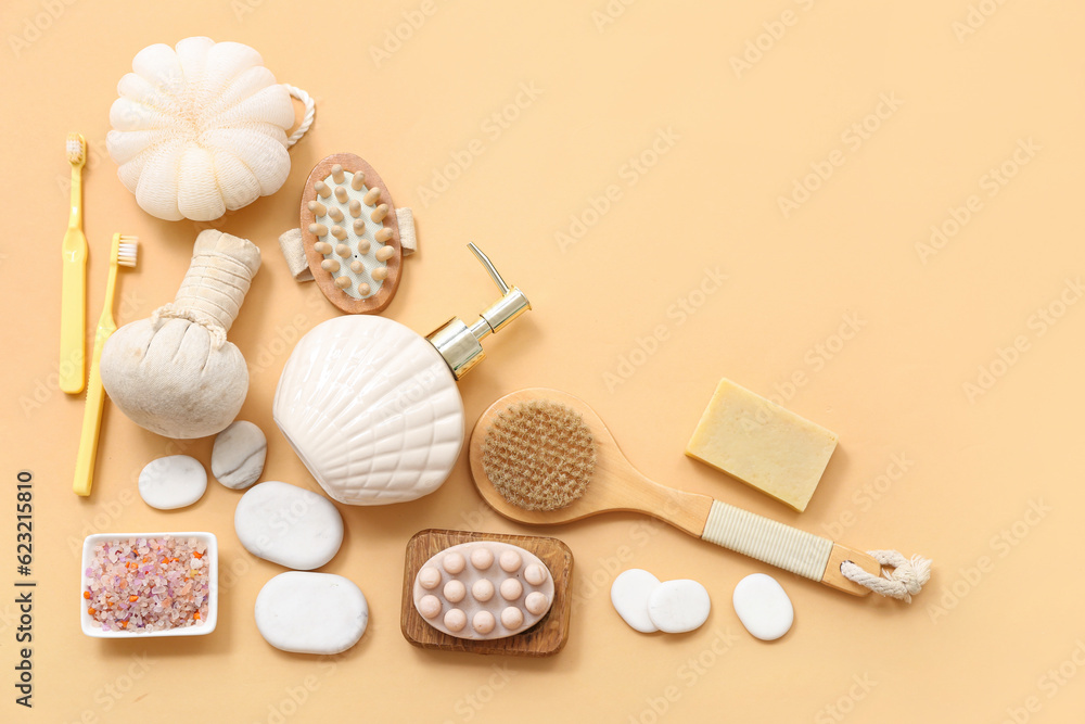 Composition with different bath accessories on color background