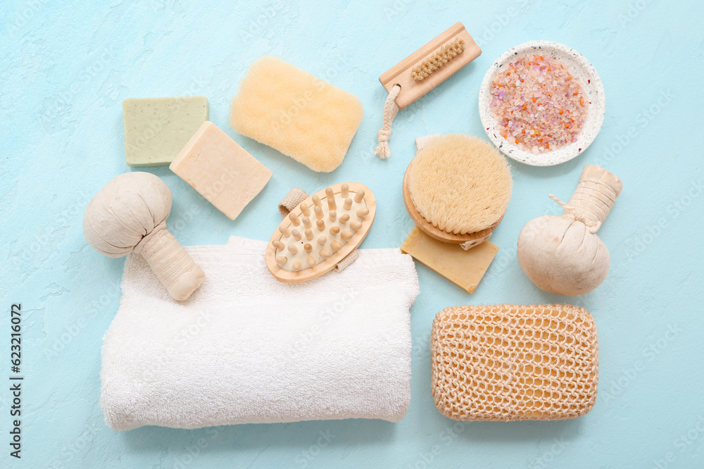 Set of different bath supplies on color background