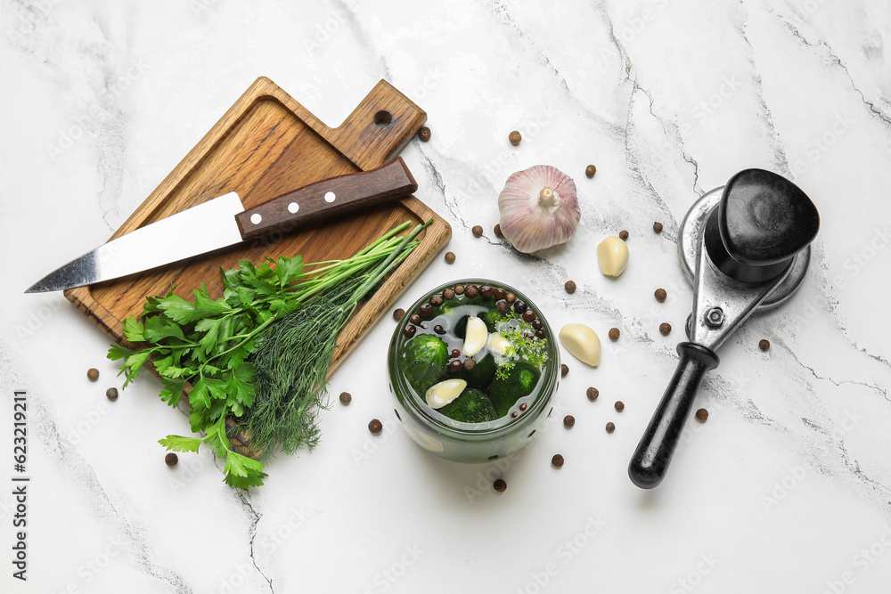 Jar with fresh cucumbers and ingredients for preservation on white marble background