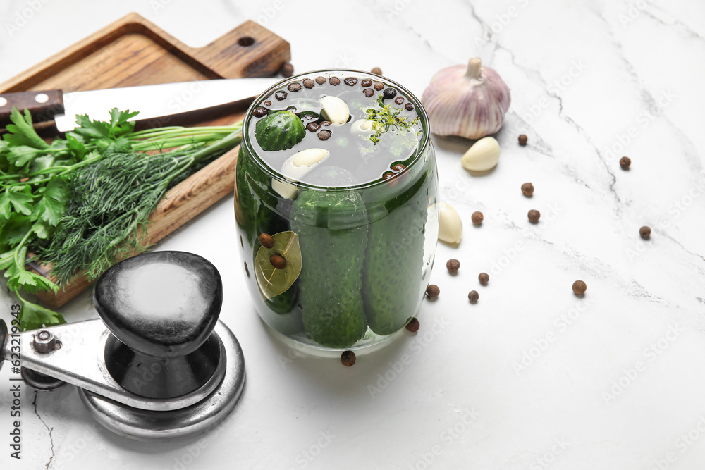 Jar with fresh cucumbers and ingredients for preservation on white marble background