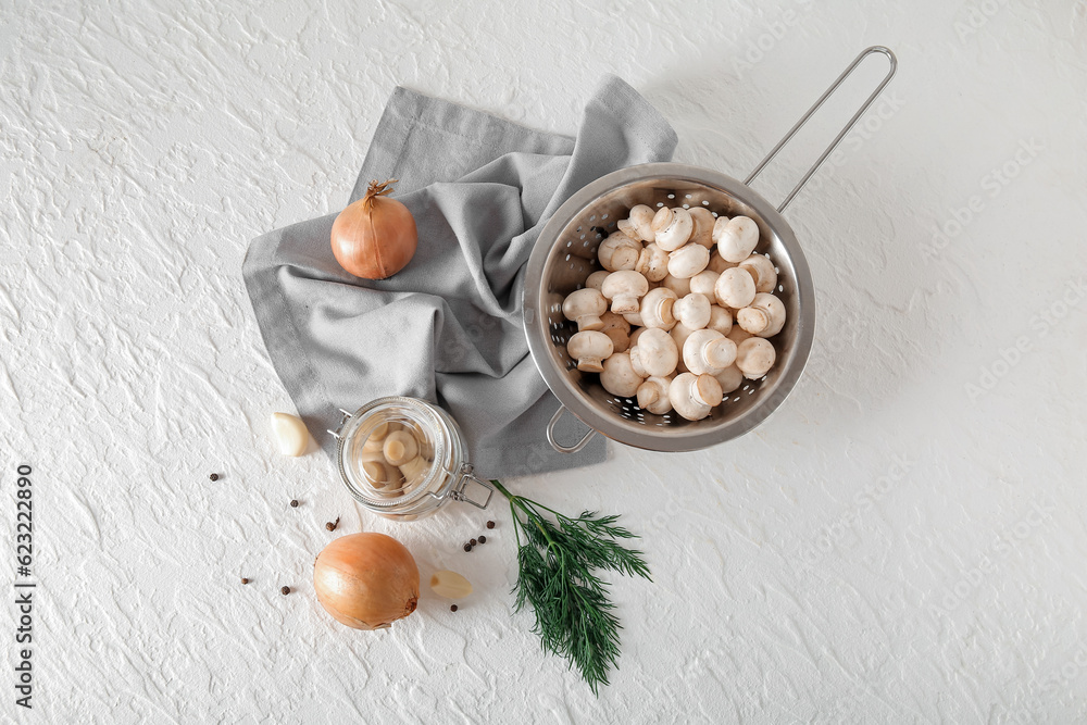 Tasty canned and fresh mushrooms with ingredients for preservation on light background