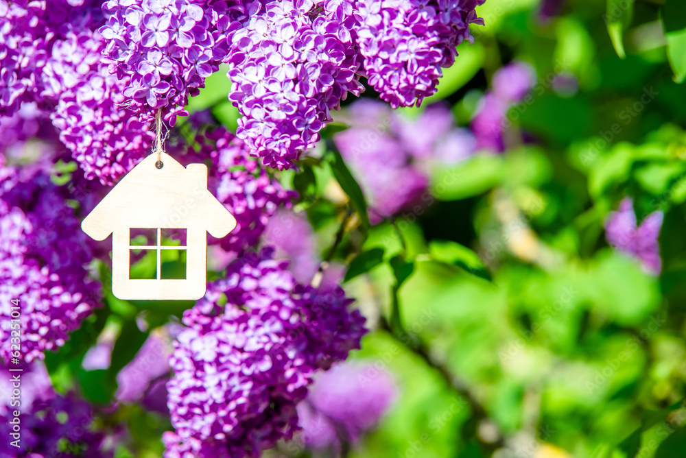 The symbol of the house among the branches of the pink lilac 