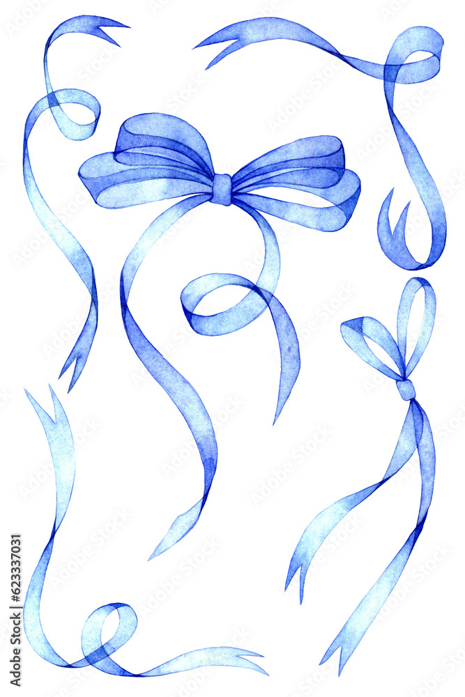 watercolor drawing, set of transparent ribbons and bows in pink color. holiday decoration collection