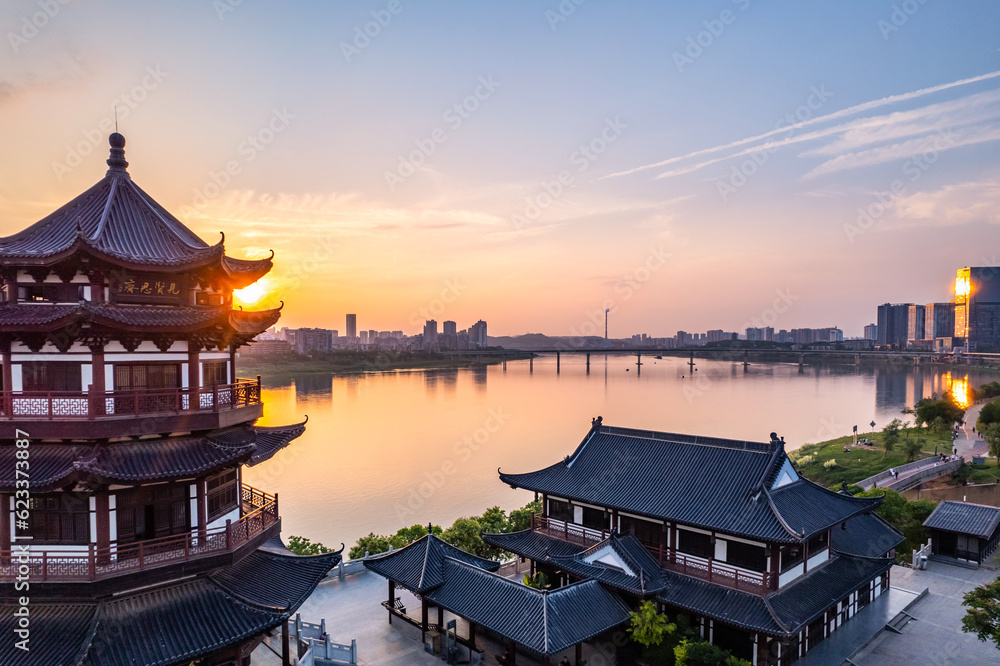 China Zhuzhou Separation Pavilion, beautiful ancient pavilion at dusk