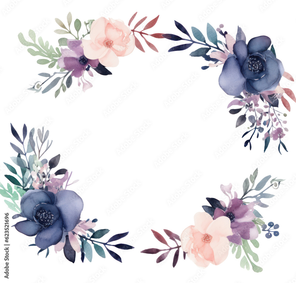 Watercolor floral frame. Illustration AI Generative.