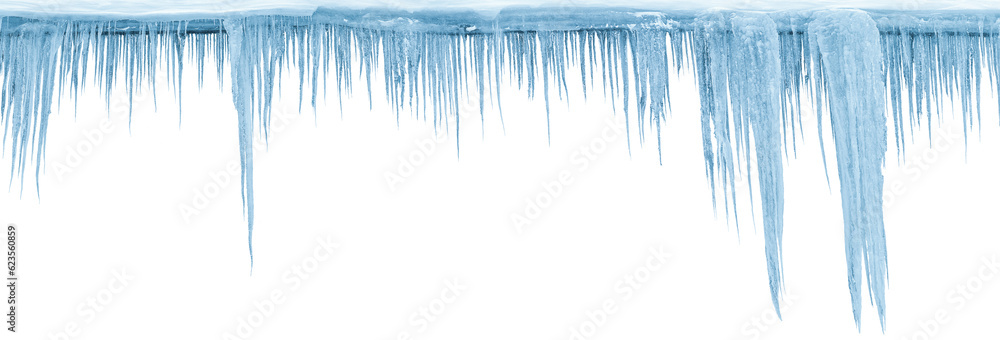 Icicles, isolated from the background, isolated object. Panoramic photo. 