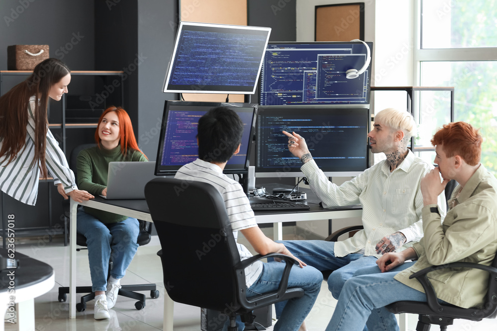 Team of young programmers working in office