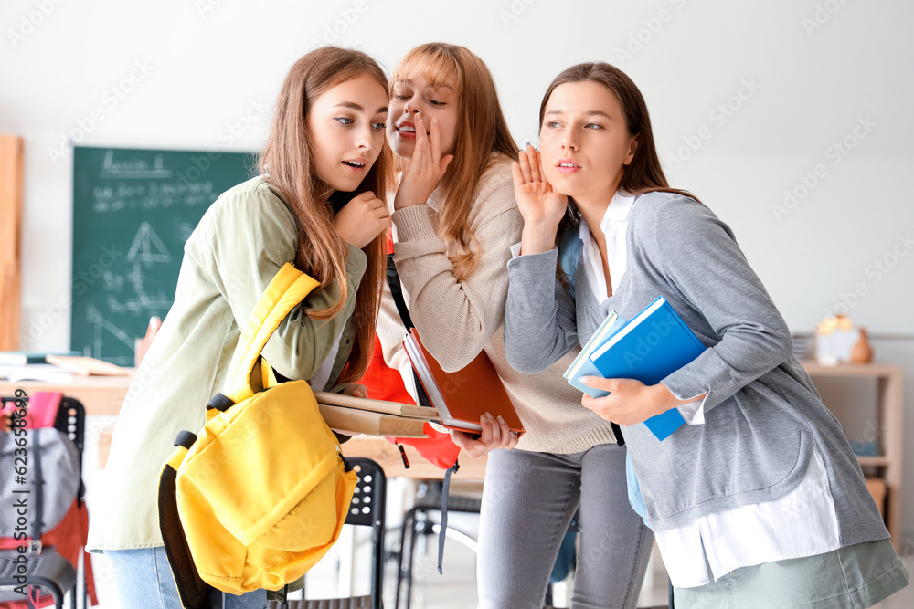 Female students with books gossiping in classroom